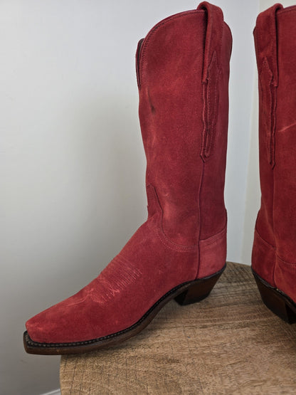 LUCCHESE WOMEN'S SZ 7 RED SUEDE SNIP TOE COWGIRL BOOTS MADE IN USA