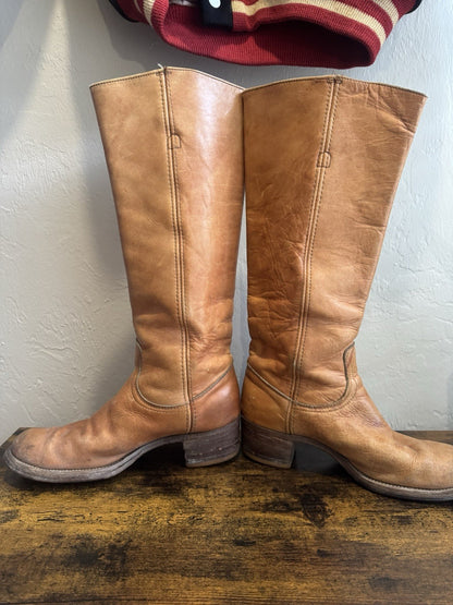 Vtg 70s Frye Tall Campus Boots Women 8 B Orange Knee High Square Toe Black Label