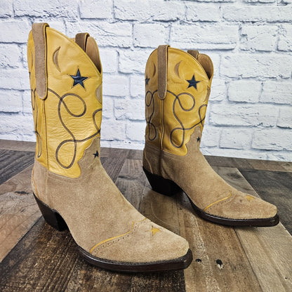 Women’s Liberty Boot Co Suede Moon Stars Boots Snip Toe Roper Size 10 B