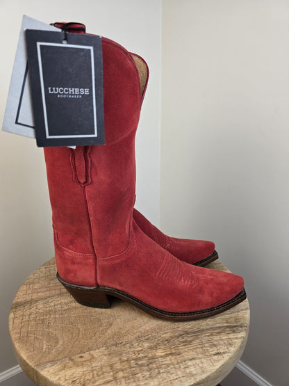 LUCCHESE WOMEN'S SZ 7 RED SUEDE SNIP TOE COWGIRL BOOTS MADE IN USA