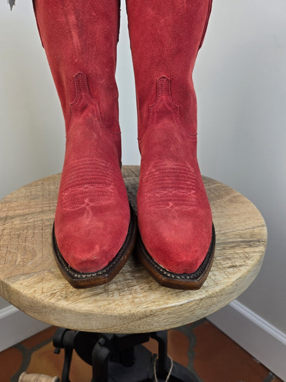 LUCCHESE WOMEN'S SZ 7 RED SUEDE SNIP TOE COWGIRL BOOTS MADE IN USA