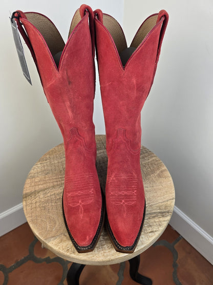 LUCCHESE WOMEN'S SZ 7 RED SUEDE SNIP TOE COWGIRL BOOTS MADE IN USA
