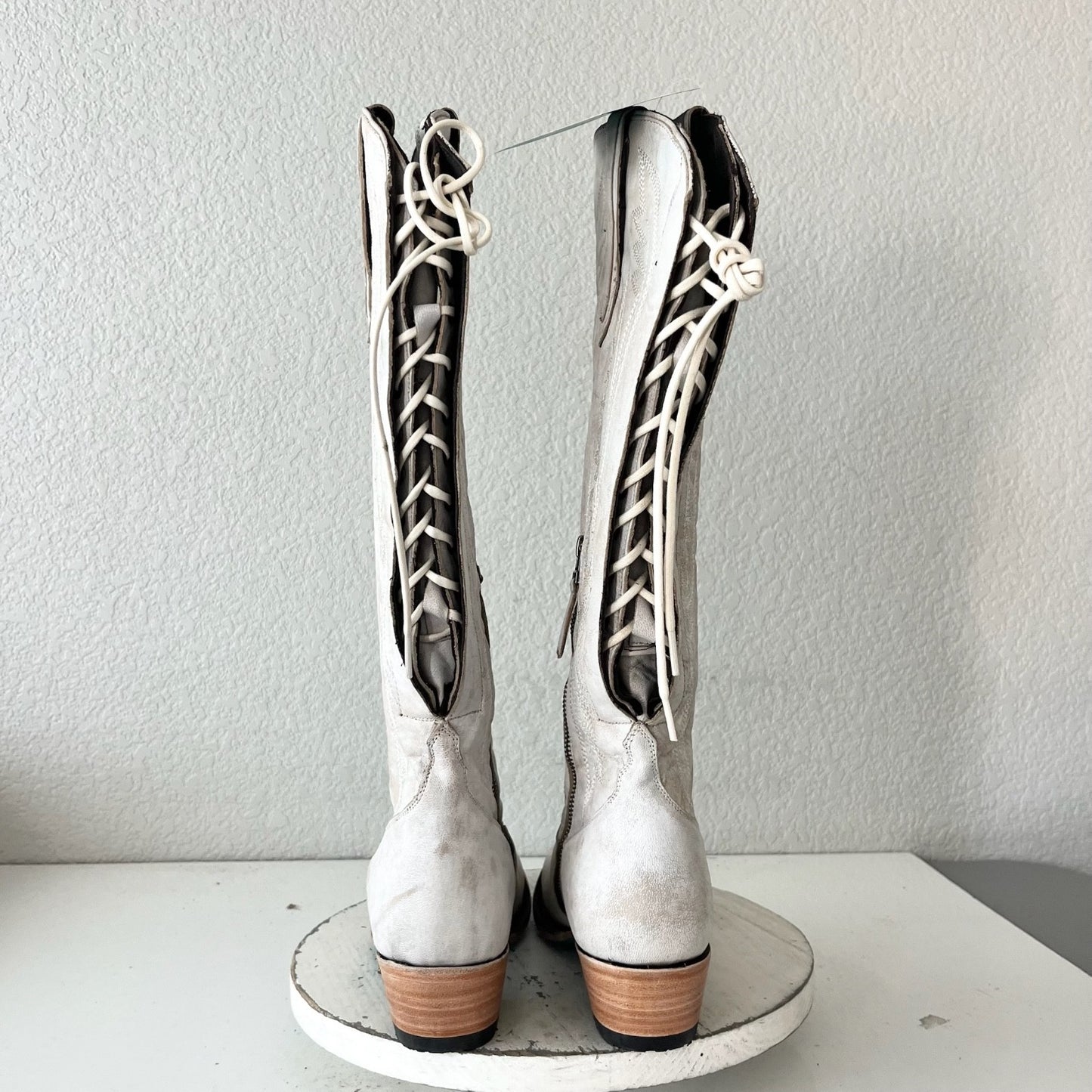 Lane MONICA Knee High Womens Cowboy Boots 10 White Western Cowgirl Tall Lace Up