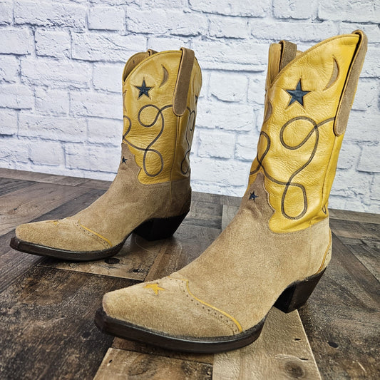 Women’s Liberty Boot Co Suede Moon Stars Boots Snip Toe Roper Size 10 B