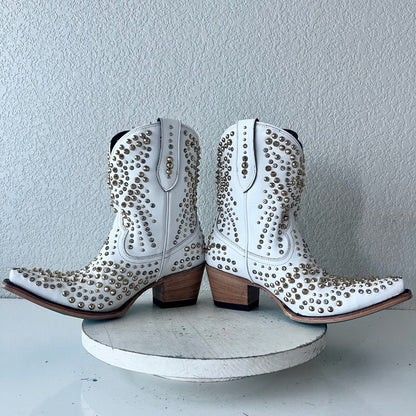 Lane DOLLY Womens Cowboy Bootie 9 White Gold Western Cowgirl Short Ankle Boots
