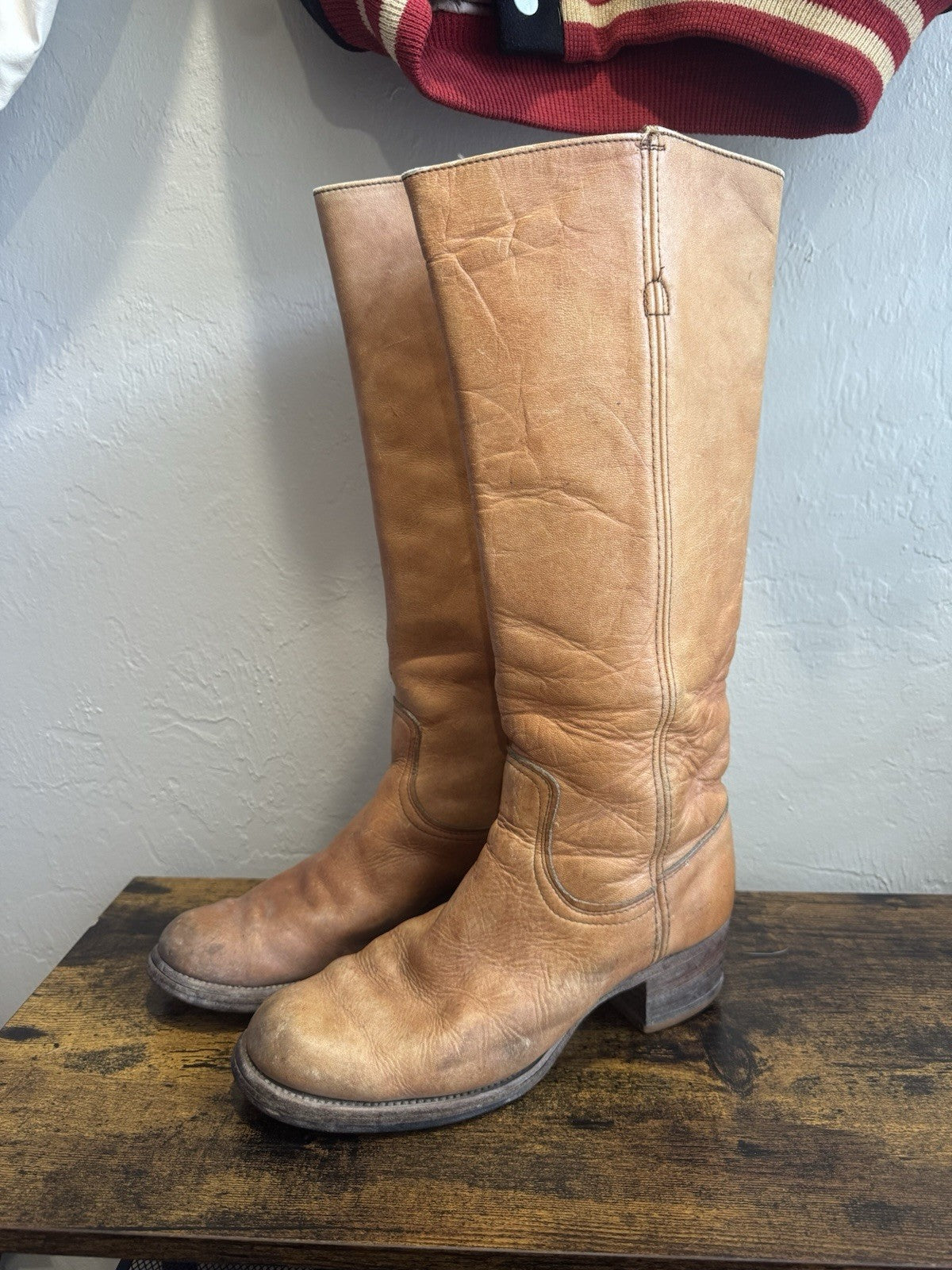 Vtg 70s Frye Tall Campus Boots Women 8 B Orange Knee High Square Toe Black Label
