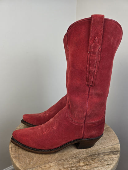 LUCCHESE WOMEN'S SZ 7 RED SUEDE SNIP TOE COWGIRL BOOTS MADE IN USA