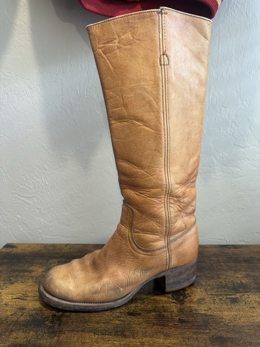Vtg 70s Frye Tall Campus Boots Women 8 B Orange Knee High Square Toe Black Label