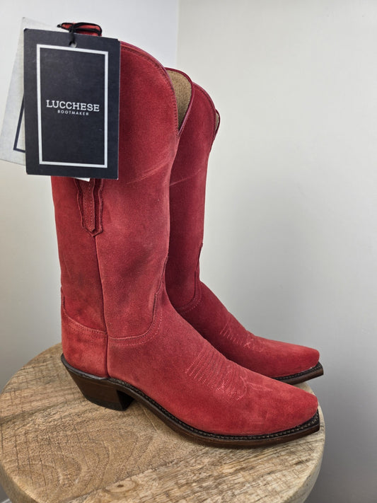 LUCCHESE WOMEN'S SZ 7 RED SUEDE SNIP TOE COWGIRL BOOTS MADE IN USA